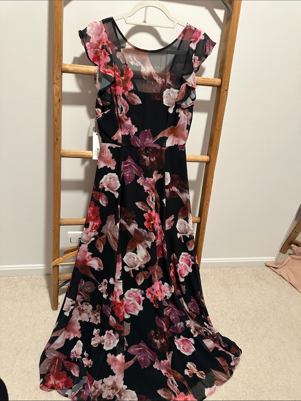 BB Dakota RSVP collection - Floral Ruffle Midi Dress in Black and Pink